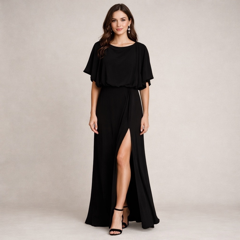 BHLDN Cape Overlay Elegant Black Split  Maxi Dress Size 6